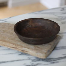 Load image into Gallery viewer, Primitive Flat Dark Wood Bowl
